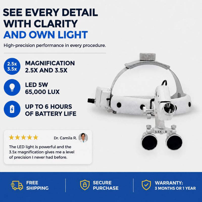 Dental professional wearing the LightPro surgical loupe and wireless LED headlight