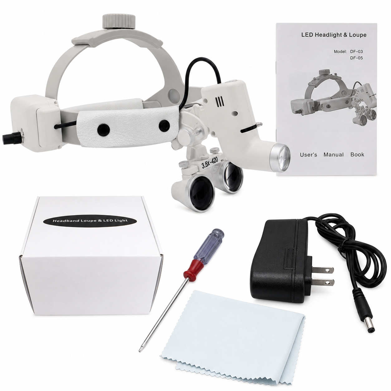 LightPro loupe with user manual, product box, charger, screwdriver and cleaning cloth